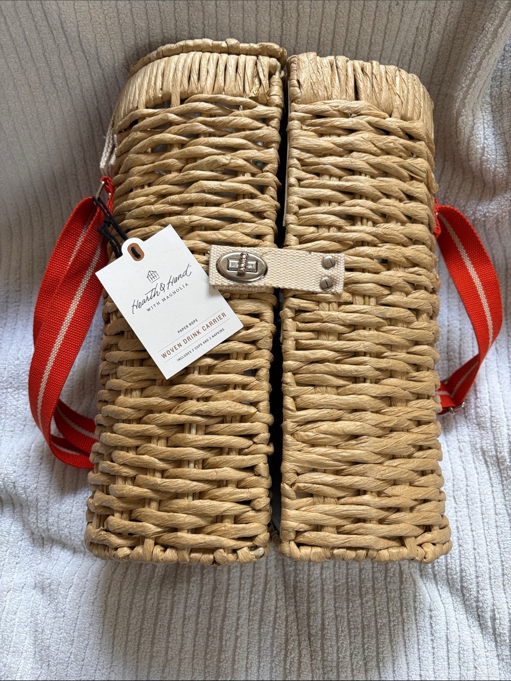 Hearth & Hand Woven Drink Carrier - Natural with orange/tan Strap